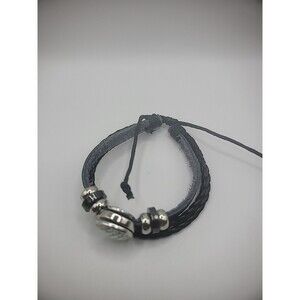 Vintage Leather Silver Tone Bracelet Multi Strand Black Scripture Jewelry